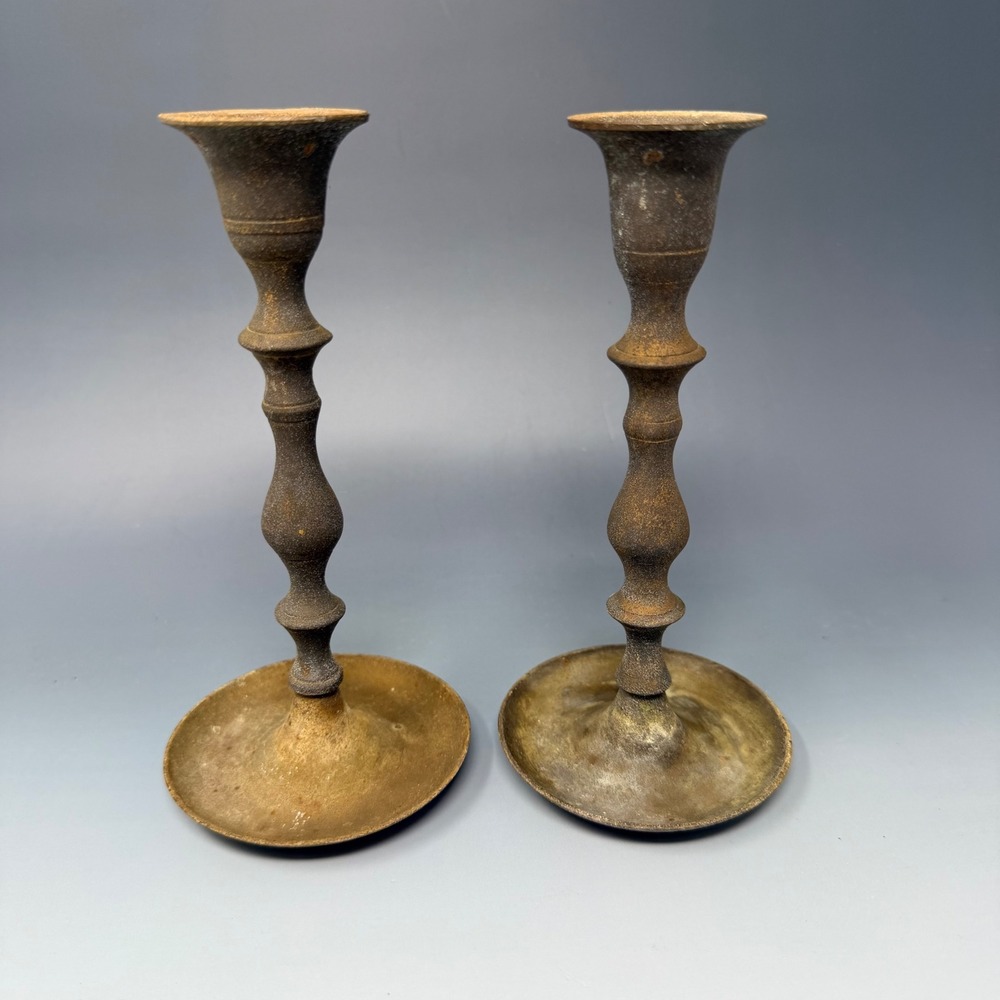 Vintage Brass‎ Candlestick Pair Made in India Rustic Patina Taper Holders 7 Inch